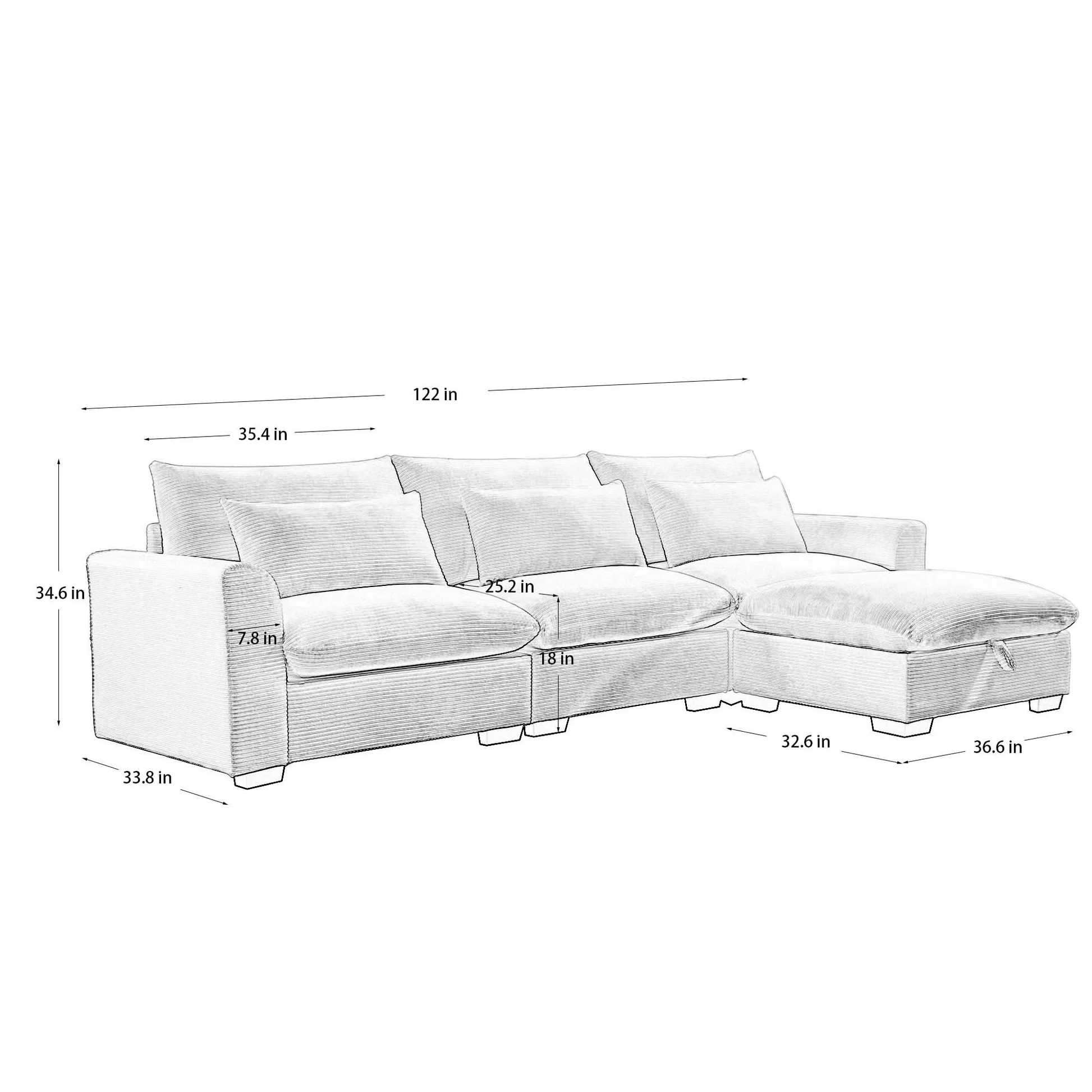 Sofá seccional de pana, sillón en forma de L con taburete de almacenamiento y 3 almohadas, sofá seccional para sala de estar apartamento, beige W714S0064163886850871939122