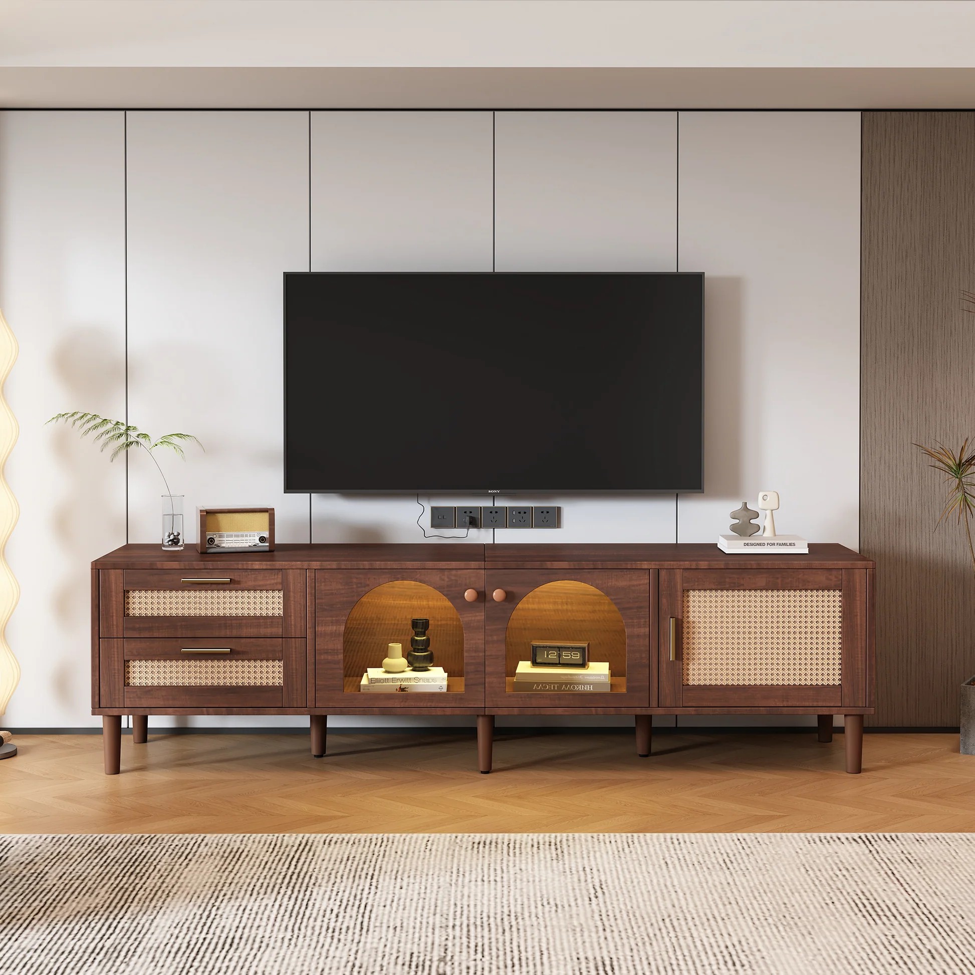 Soporte de mimbre para TV con 3 armarios y 2 cajones, mesa de consola inspirada en mimbre para televisores de hasta 80'', centro de entretenimiento con luz LED, mueble para TV para sala de estar, dormitorio, cine en casa WF324225AAP63956772833410121