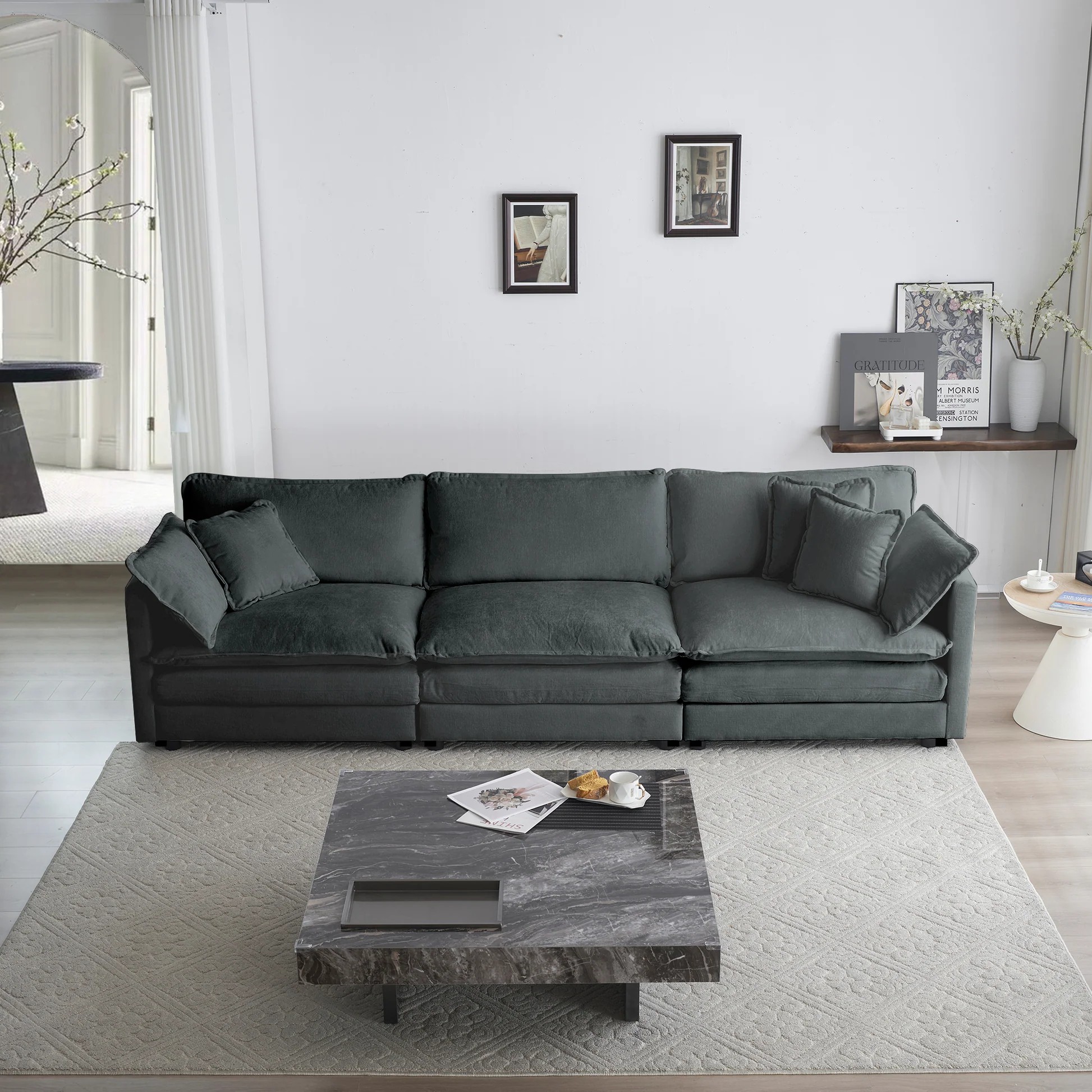 Mid-Century Modern Couch 3-Seater Sofa with 2 Armrest Pillows and 3 Toss Pillows, Couch for Living Room Gray Chenille W714S0098863886808366851120