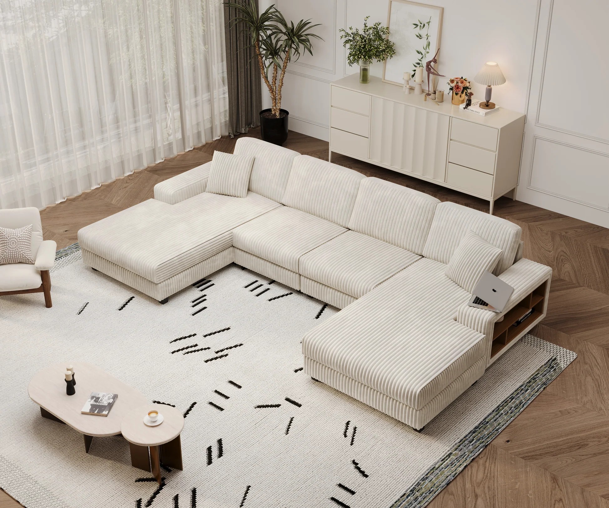 Sofá convertible en forma de U, combinación de tela corduroy, sofá moderno cómodo de gran tamaño para 4 personas, sillón doble para sala de estar, color beige W1793S0002763889121819137121