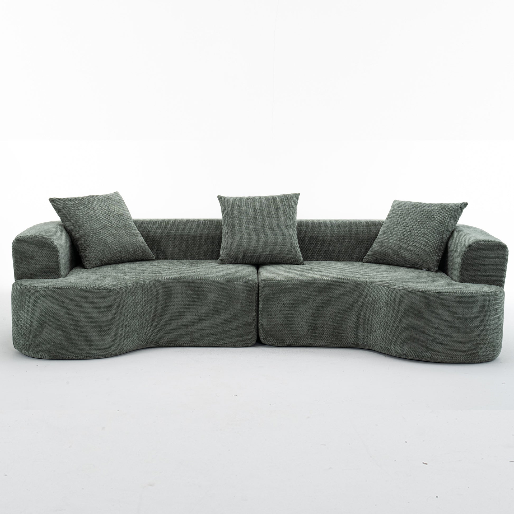 Modern Style Green Curved Sofa, Soft Corduroy Sofa with 3 Pillows, Living Room Milky White Ultra Smooth Curved Fabric Sofa W2012S0000663876421926403120