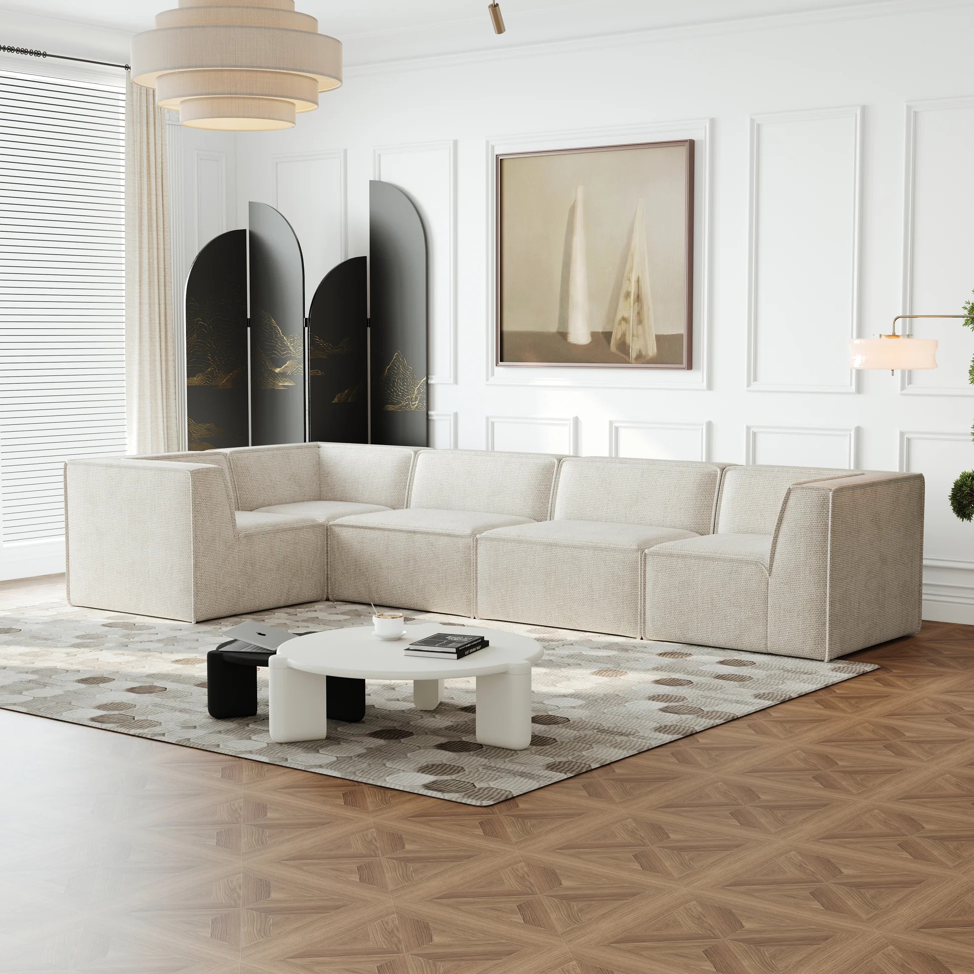 Sofá seccional modular en forma de L 106*106", juego de sofá de suelo de lujo, muebles tapizados para interiores, sofá comprimido relleno de espuma para sala de estar, dormitorio, combinación libre de 5 piezas W834S0036063888824047233120