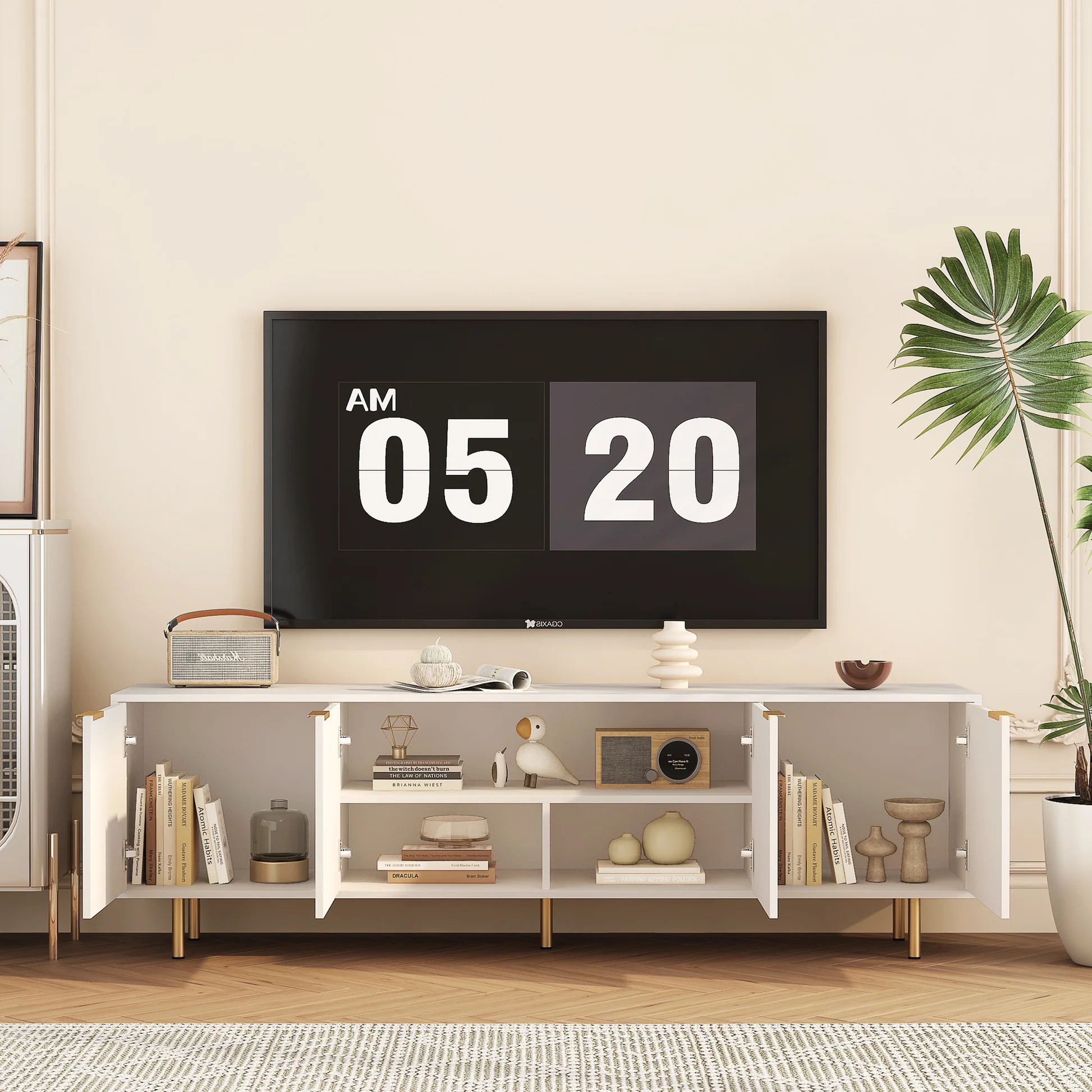 Soporte Blanco Moderno para TV Acanalado de 68', Centro de Entretenimiento con Puertas de Almacenamiento, Gabinete de Medios para Consola de TV, para TV de 55+ Pulgadas, Sala de Estar W1321P18596763956825491842121
