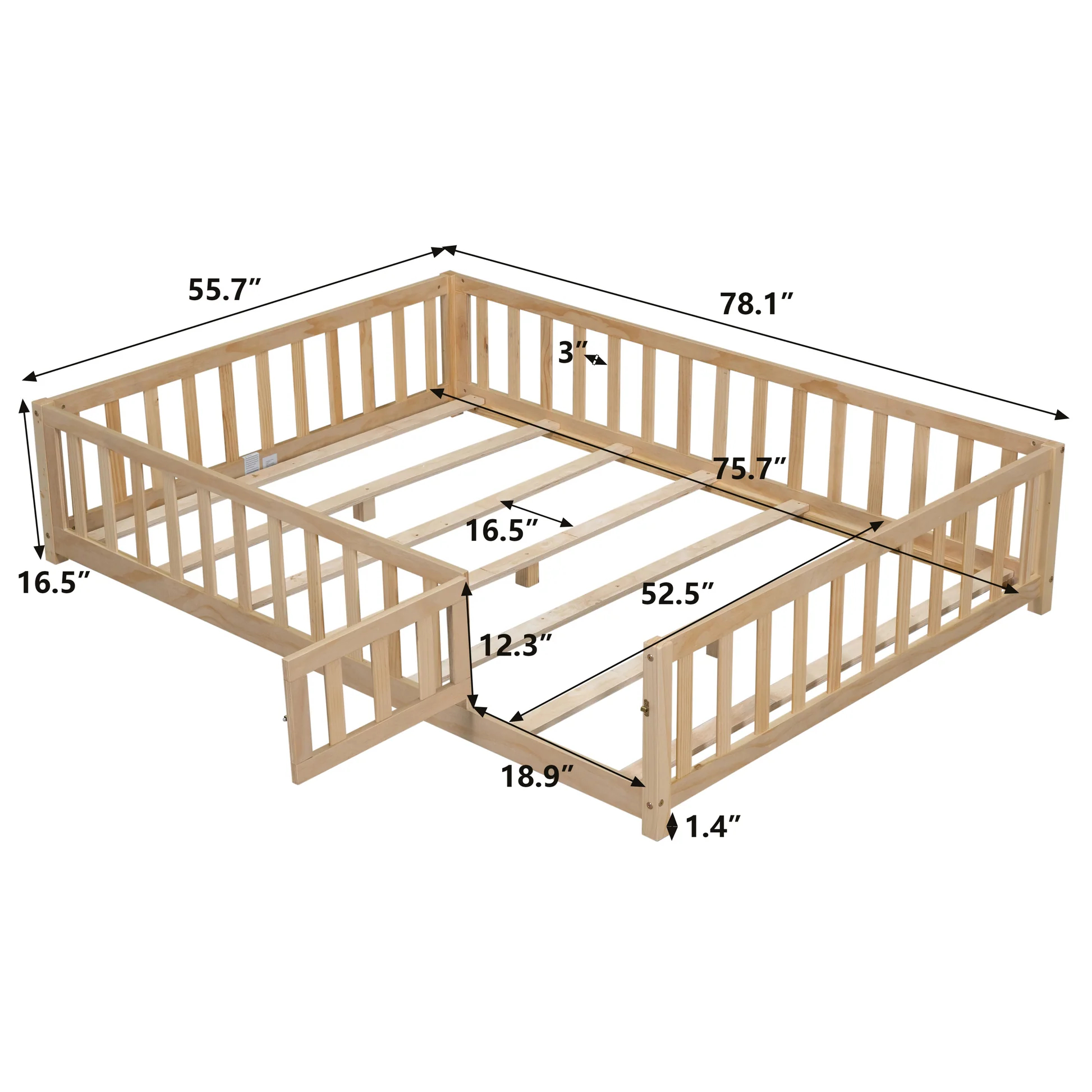 Cama de Plataforma en el Suelo de Tamaño Completo con Valla y Puerta para Niños, Marco de Cama Montessori en el Suelo con Listones de Soporte para Niños Pequeños, Cama de Madera Natural W171613214963877014156673121