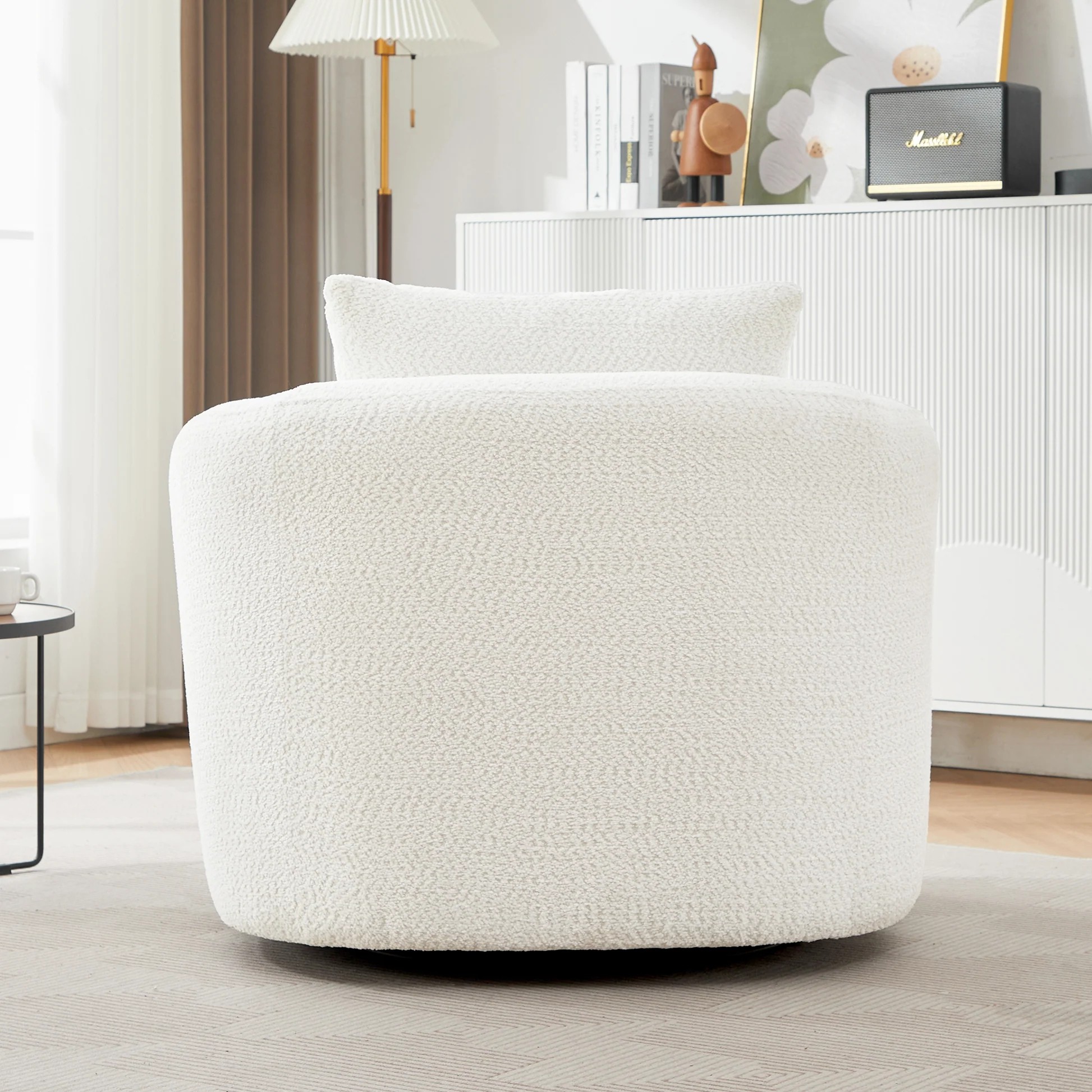 360° Swivel Barrel Sofa Chair with Throw Pillow, Chenille Upholstered Accent Chair, Beige, 38.2' N719P288552A63909941867522122