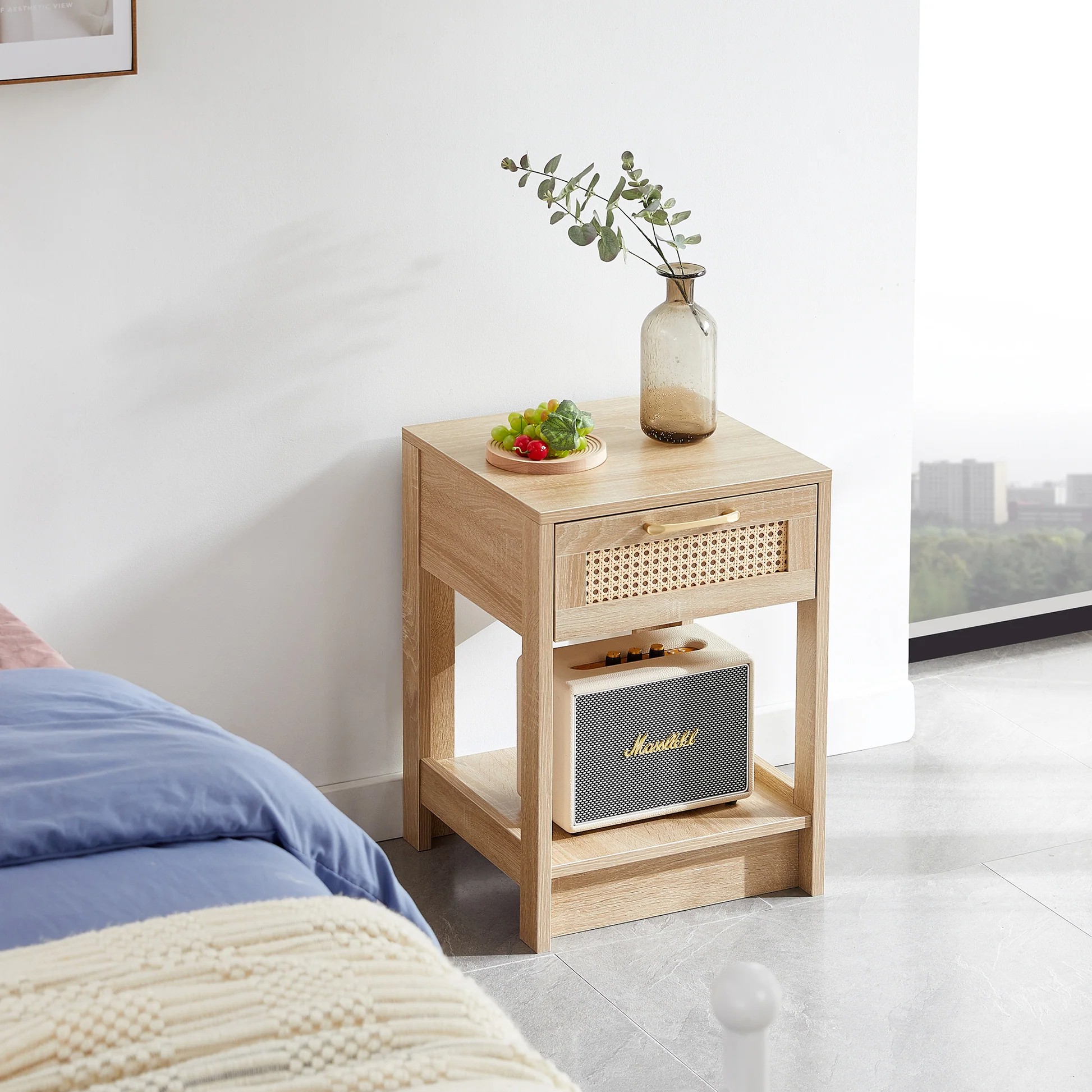 15.75' Rattan End table with drawer, Modern nightstand, side table for living room, bedroom,natural W12657311563999200461955120