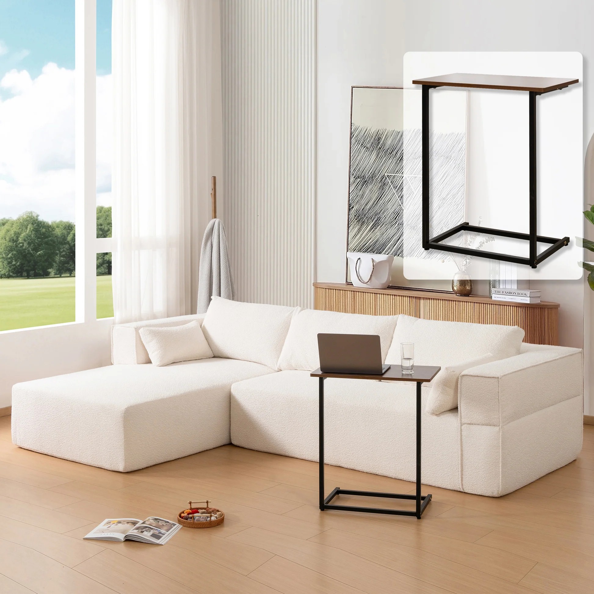 Sofá Seccional Modular de 112", con Mesa Lateral Gratis, Asiento Amplio, totalmente comprimido, Sofá de Tela Bouclé Resistente a Arrugas con Chaise, Combinación Libre, Sofá en Forma de L para Sala de Estar, Sin Montaje Requerido, 3 Colores63889052455297120