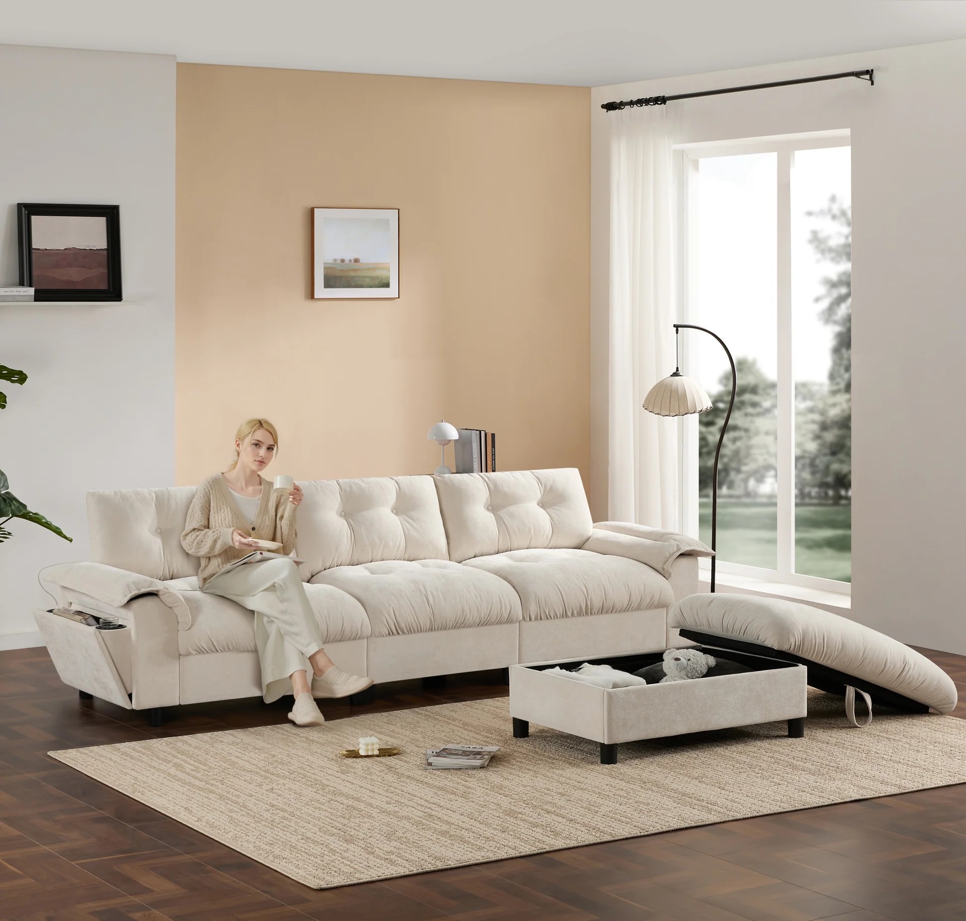 [VIDEO]104*60' Sectional Sofa, L-Shape with Multifunctional Armrest, Dual-Port Charging, Cup Holder, Side Storage Pockets, Movable Storage Ottoman, Unique Tufted Design, Soft Cushion, Chenille,3colors63889077277185120