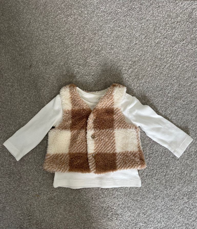 Baby Long-Sleeve Top and Plaid Vest Set - Like New For Sale