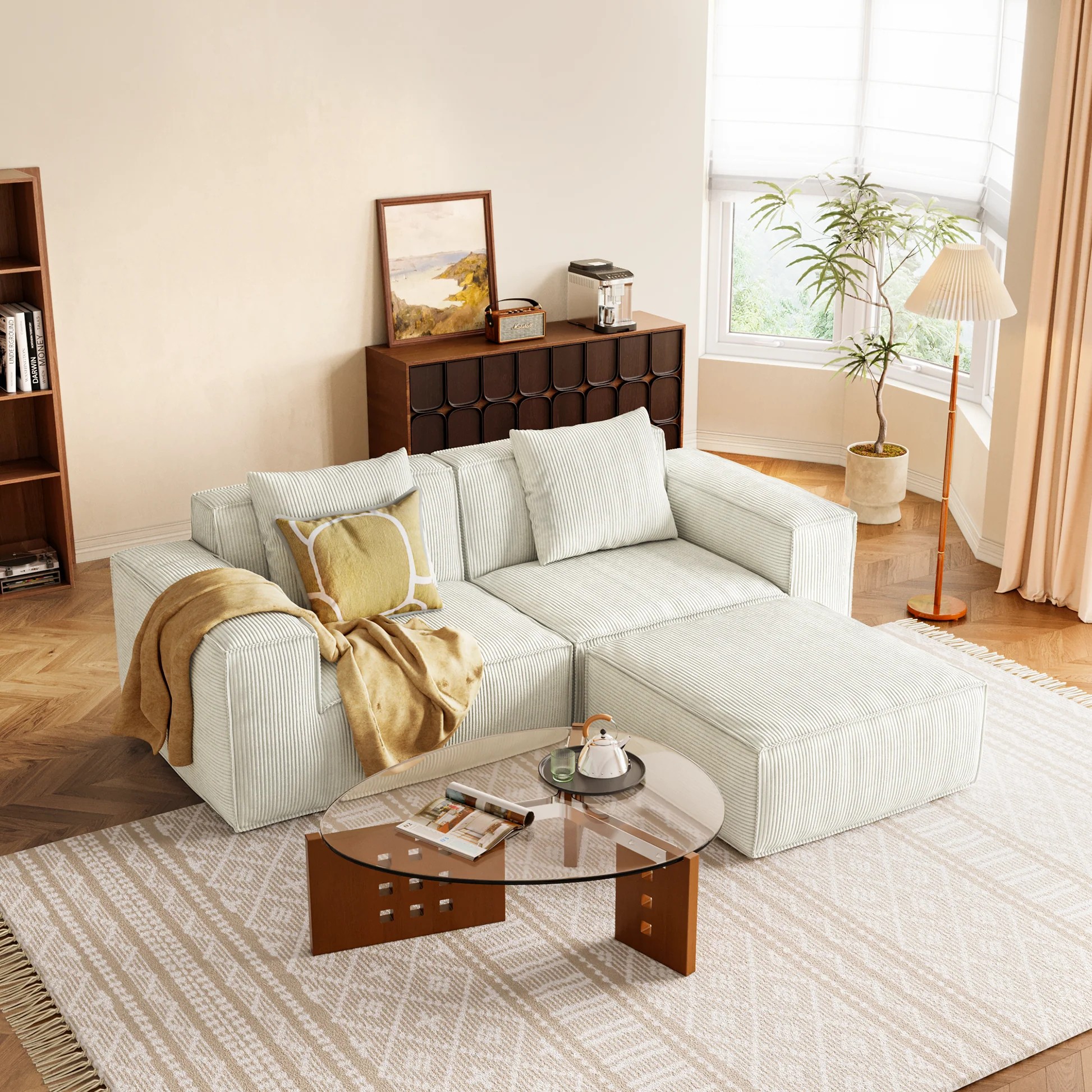 modular sofa can be converted into an oversized sofa bed Free conversion sofa set flexible configuration, soft corduroy cloud velvet fabric two person combination with footrest -white W3147S0000763909219709314121
