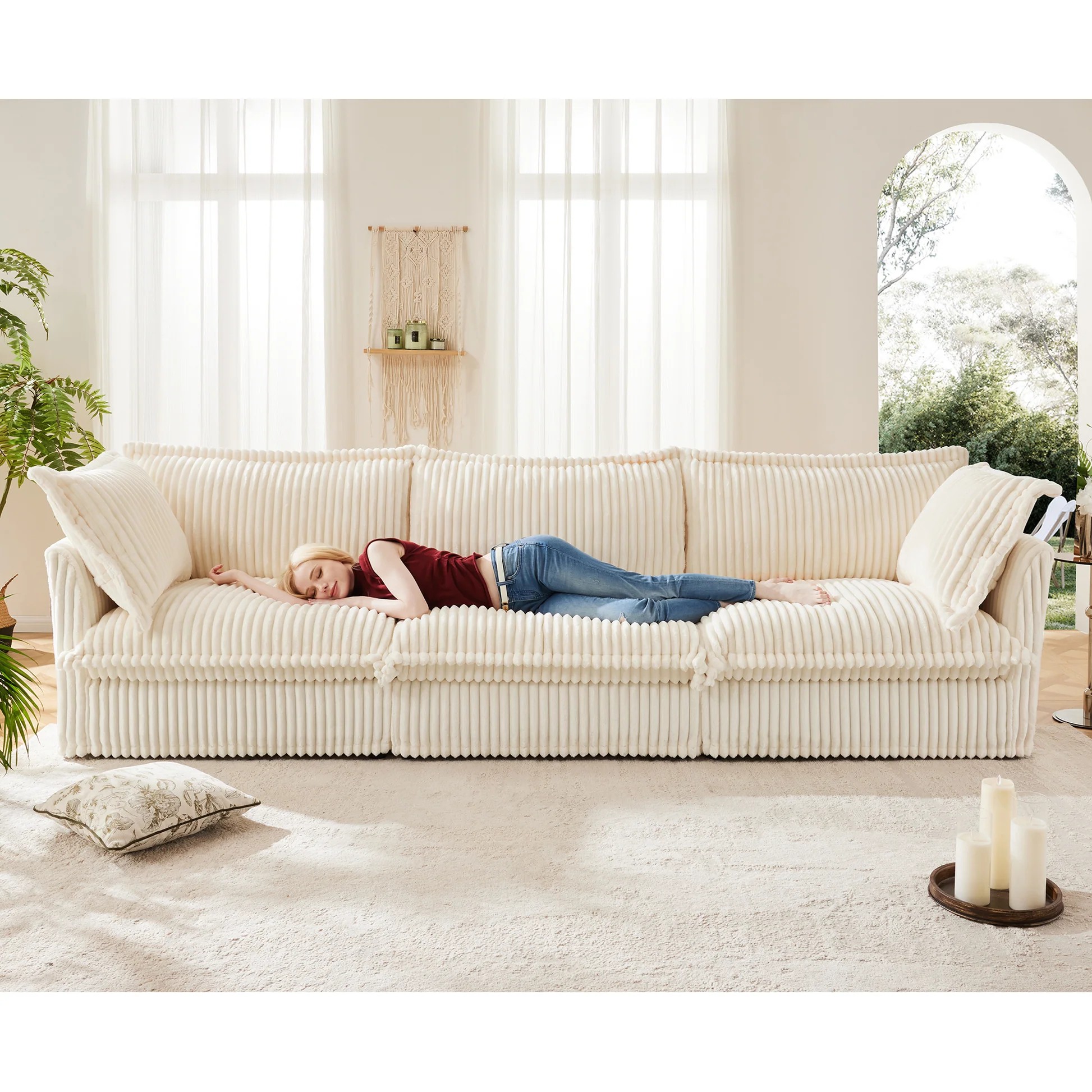 Slipcovered Sofa Couch, Modern 3 Seater Sofa with Suppleness Armrests,Deep Seat Sofa with Soft Multiple Big Pillows, Comfy Couch for Living Room, Apartment,Cream Corduroy Fabric W3041S0002063889101307009120